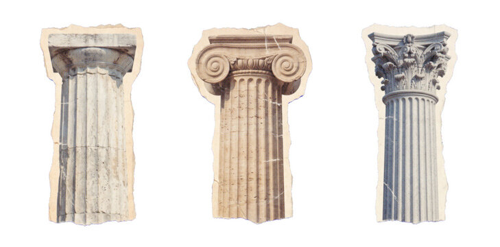Classic architectural columns set featuring Doric, Ionic, and Corinthian vintage style pillars in a retro sticker design concept