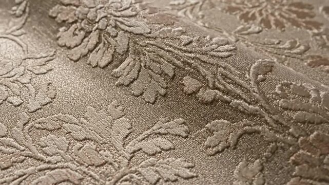 Luxurious beige fabric with floral pattern for decorative textiles showing intricate details and texture