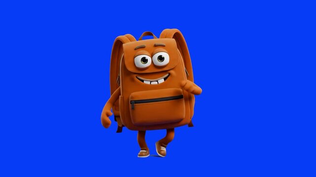 3D animated brown cartoon backpack mascot character dancing happily with eyes and big smile over a studio blue screen background. Excellent for back to school commercials, educational app UI, children