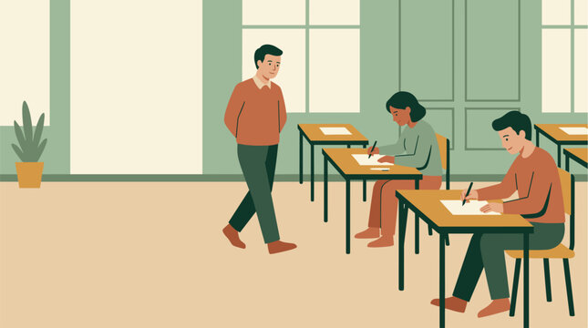 Teacher supervising students during an exam, focused learning