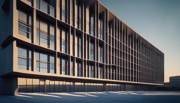 the monolithic concrete facade a repeating grid of windows and deep shadows