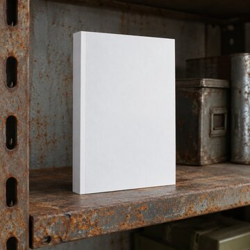 Blank paperback softcover book mockup on rusty metal shelf, generative AI