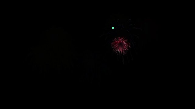 Colorful fireworks celebration bursting in night sky with glowing particles, festive holiday event, vibrant explosion display, joyful celebration background animation.