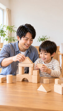 Father and son building with wooden blocks at home，自宅で木製の積み木で遊ぶ父と息子