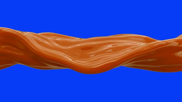 A thick stream of creamy caramel or chocolate sauce flowing horizontally on a blue chroma key background. Suitable for dessert advertising, food industry promos, confectionery commercials, and culinar