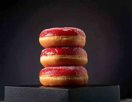 stack of four donuts with red filling on a black pedestal