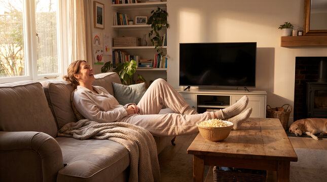 Joyful woman in comfortable pajamas relaxes on her living room sofa, enjoying a bowl of popcorn and a moment of television entertainment in the warm glow of sunlight
