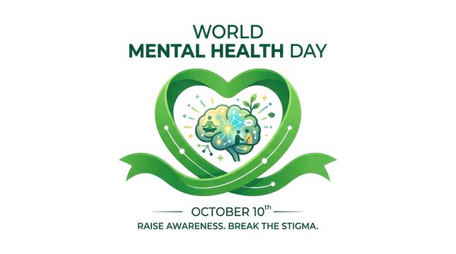 Green heart ribbon with brain inside for world mental health day