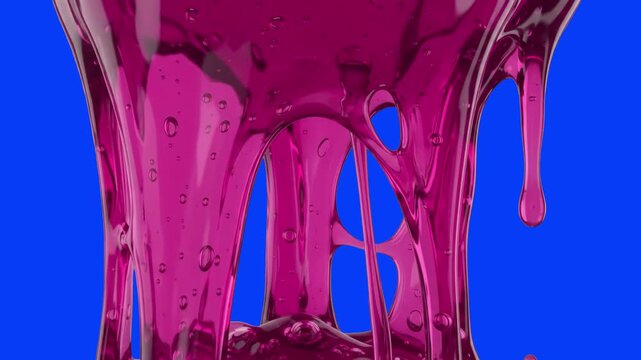 Viscous sticky purple slime with air bubbles oozing and dripping down over a chroma key blue background. Great for horror movie effects, sci-fi alien goo, gross texture overlays, toxic liquid animatio