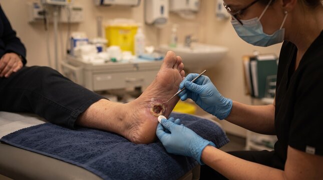 Female podiatrist treating a diabetic foot ulcer on a patient's foot in a medical clinic