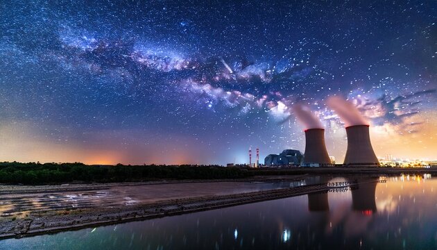 night photography of nuclear power plant and milky way