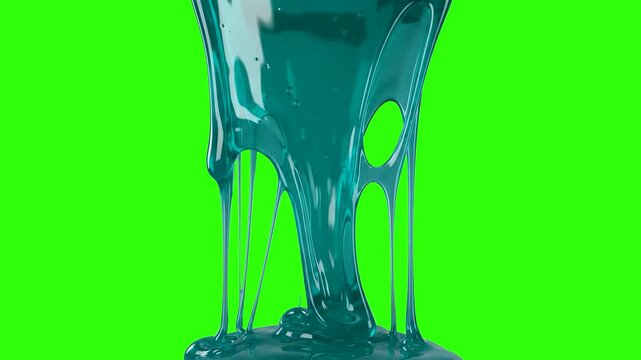 A close up shot of a teal glossy slime dripping and stretching on a chroma key green background. Ideal for ASMR videos, kids content, Halloween visual effects, sci-fi alien goo, and motion graphic ove