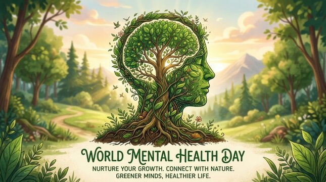 Mental health day concept shows head shaped by tree nature surrounding with green elements