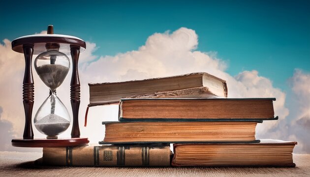 pile of vintage books with sand clock background hourglass as time passing study concept