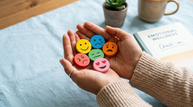 Hands holding various colorful emotion icon blocks, emotional wellness check in concept