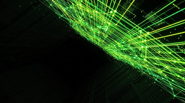 Vibrant neon green abstract data visualization with glowing light rays