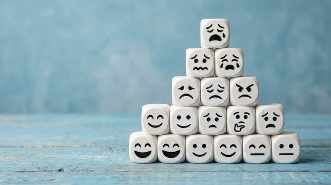 A pyramid of white blocks with various facial expressions on light blue wooden background concept