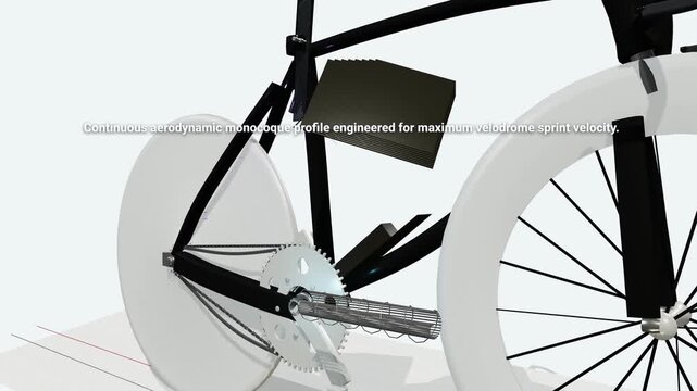 3D animation showcasing the engineering and design of a high-performance carbon fiber track bicycle, highlighting its aerodynamic monocoque profile, gear ratio, and sprint drops for velodrome racing
