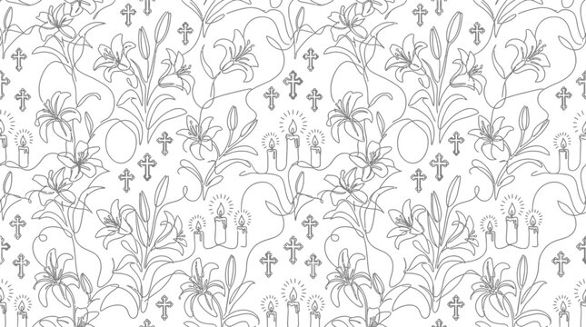 Seamless Religious Pattern with Lilies Crosses and Candles