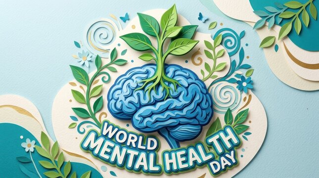 World mental health day brain with growing plant and blue and green decor elements