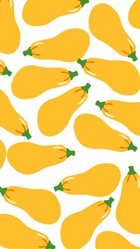Bright yellow squash pattern motion graphic background featuring playful vegetable illustrations on a clean white backdrop