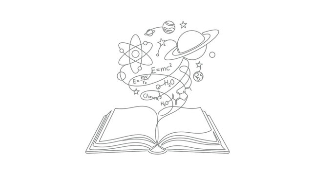 Open book with science and space elements rising
