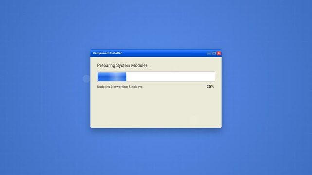 vintage software component installer progress bar interface animation on blue grid background