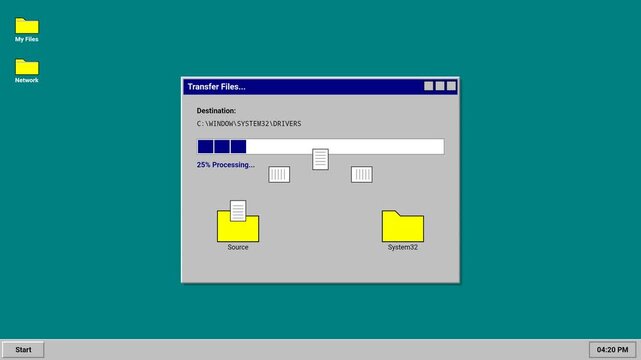 Retro Computer File Transfer Progress Dashboard Animation on Teal Interface Background