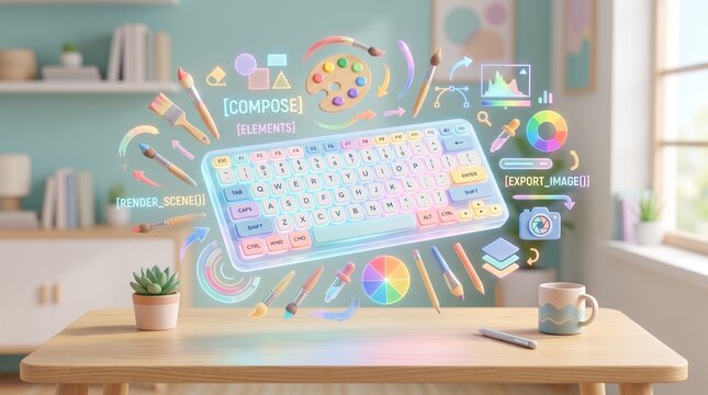 Colorful animated keyboard with creative office workspace and floating stationery elements