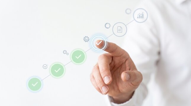 Close-Up of Hand Pressing a Digital Touchscreen Button on an Interactive Business Technology Interface