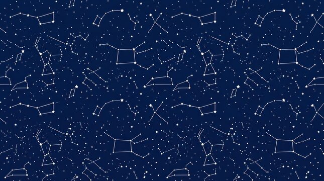 Seamless pattern with white constellations and stars on dark blue background