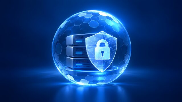 Digital data security concept with servers protected by a glowing shield and hexagonal sphere on a dark blue background
