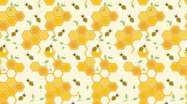 Seamless Pattern with Honey Bees Honeycombs and Small White Flowers