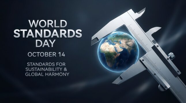 World Standards Day poster with globe and calipers