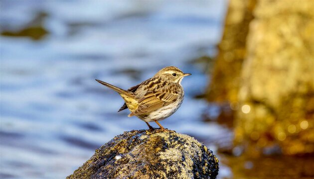 American Pipit Bird Perched on Wet Rock by Water Shoreline