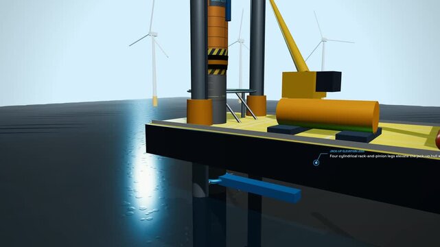 3D animation demonstrating offshore wind turbine monopile installation process using a hydraulic impact hammer with technical explanations of shockwaves and seabed penetration