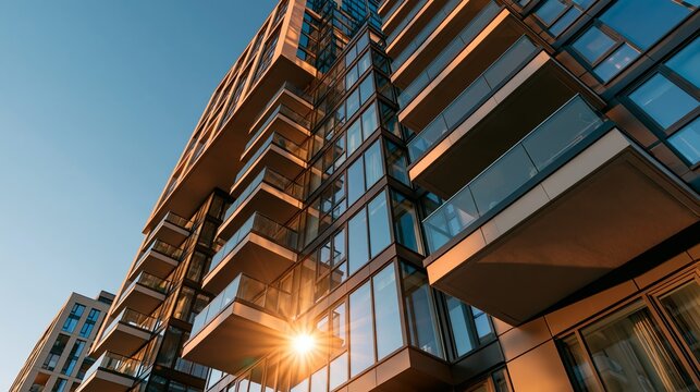 Modern high-rise apartment building facade with glass balconies in urban setting under bright sun Generative AI