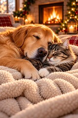 Obraz na płótnie Canvas Cozy golden retriever and tabby cat sleeping together on a soft blanket beside a warm fireplace, creating a heartwarming winter lifestyle scene about companionship, pets and home comfort.