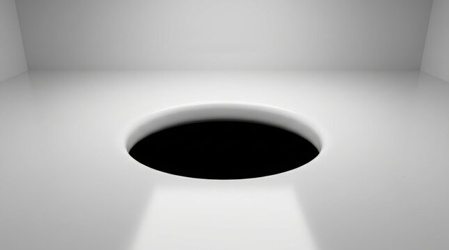 Black round hole opening in white minimalist room floor. Dark void in empty abstract interior space. Unknown danger, mystery and emptiness concept. Warning and risk background. 3D rendering.
