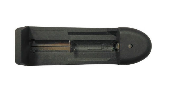Black plastic battery charger for rechargeable aa and aaa cylinder batteries isolated on transparent background