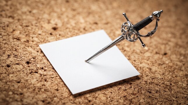 An office corkboard pushpin shaped as a miniature sharp silver fencing sword representing the aggressive targeted achievement of corporate strategic planning.