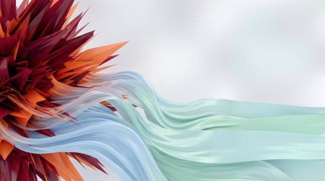 Abstract 3D render of flowing silky waves meeting a sharp spiky red and orange burst. Modern art wallpaper with copy space. Digital design background.