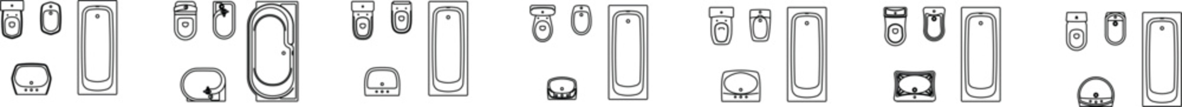 Technical CAD set of bathroom layouts showing plan and elevation views of toilets, washbasins, and shower stalls arranged in modular groups.