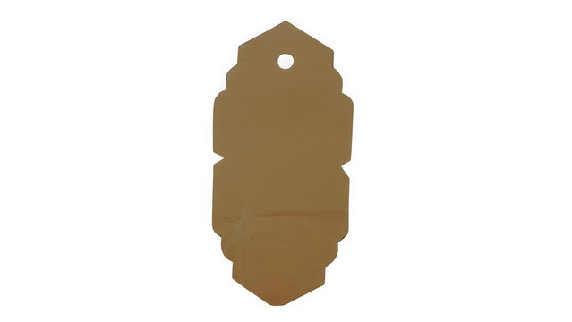 Decorative beige paper gift tag with ornate edges and hole for string isolated on black background, for festive packaging, and product labeling isolated on a transparent background