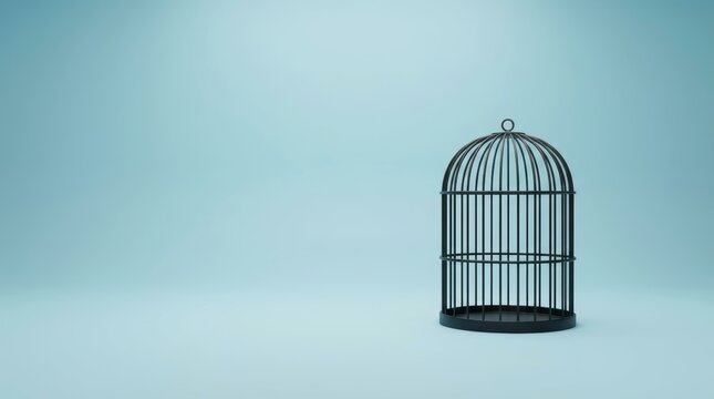 Empty black birdcage with closed door on plain blue background. Open bird cage with large copy space. Freedom, liberation and escape concept. Captivity and confinement symbol.