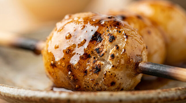 Close up of delicious Japanese dango rice dumplings with sweet soy glaze on a skewer.
