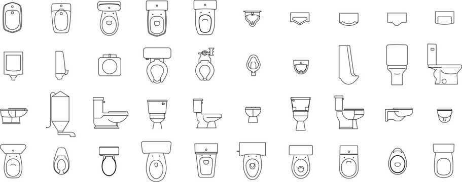 Technical line art vector illustration of a collection set of bathroom sanitary ware fixtures, featuring various models of toilet bowls, water closets (WC), bidets, urinals, and flush