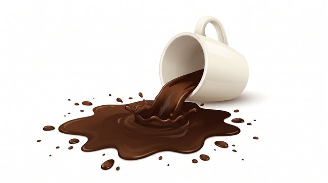 Spilled Coffee Cup Tipping Over with Dark Liquid Splash and Drops on White Background Vector Illustration