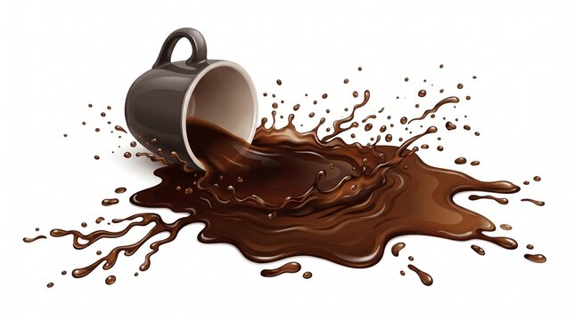 Spilled cup of hot coffee splashing dark liquid with dynamic droplets isolated on clean white background