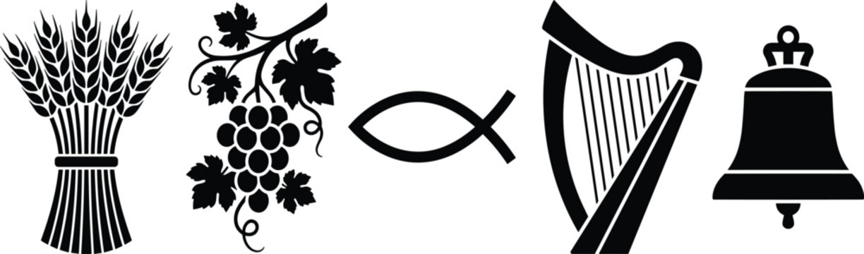 Christian Wheat Grape Vine Ichthys Fish Harp Bell Silhouette Vector Set
